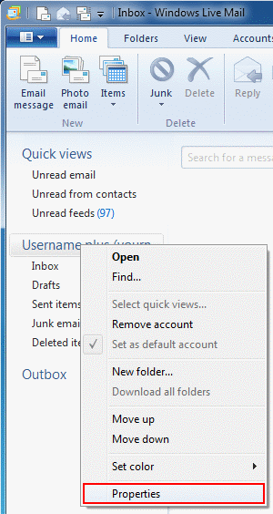 In Windows Live Mail 2011, right click on your email account and ...